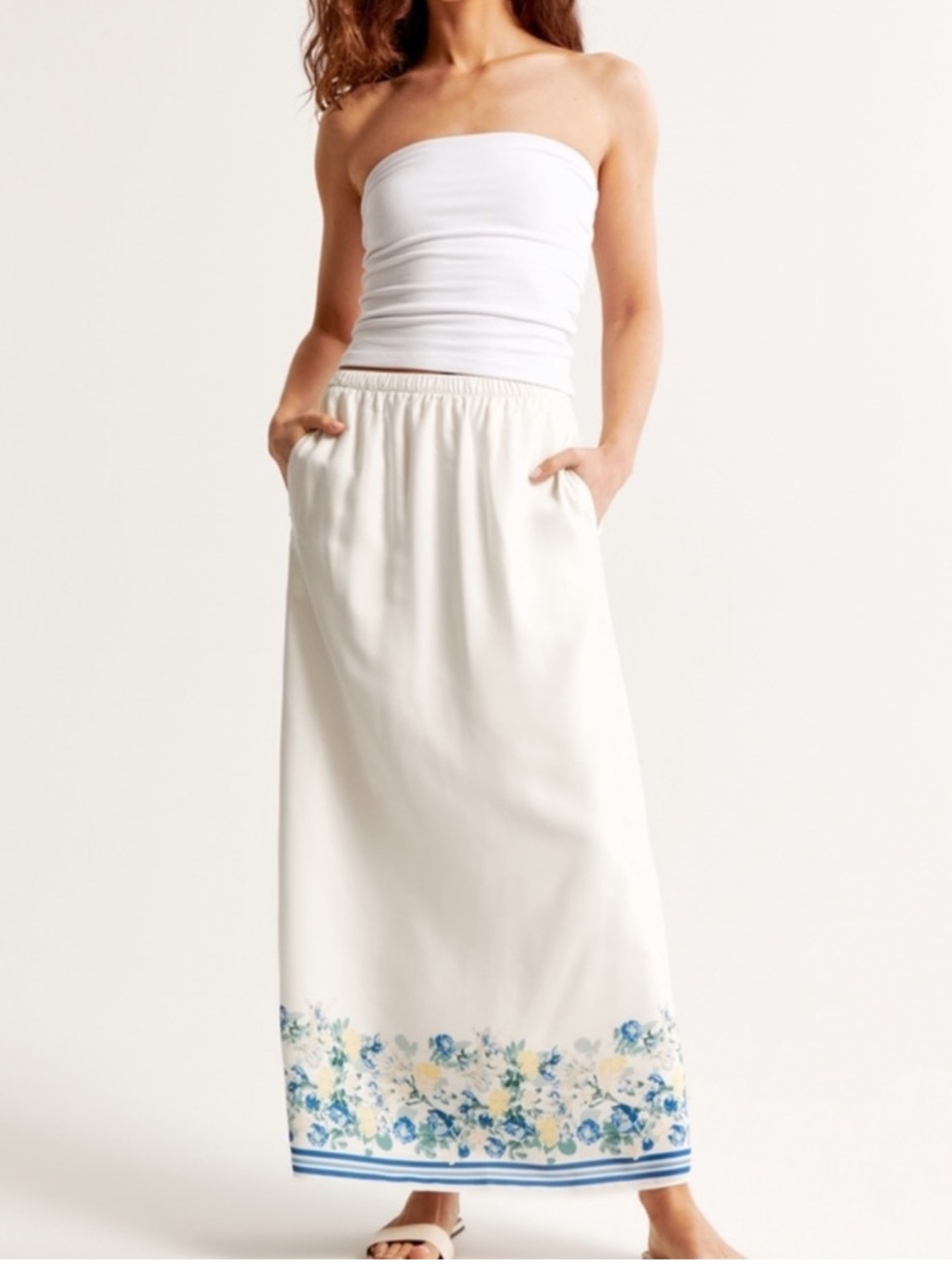 Abercrombie Maxi Skirt with Blue Floral Border - White